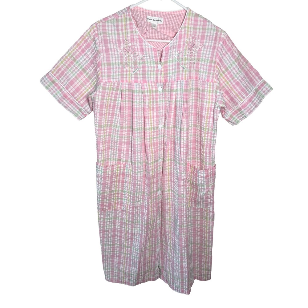 VTG Miss Elaine Seersucker House Dress Pink Snap Front Robe Embroidered Small